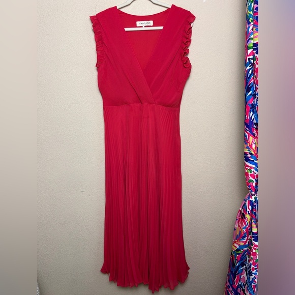 Taylor Raspberry Red Pleated Chiffon Ruffle Sleeve Empire Waist Midi Dress 14 - Picture 2 of 14